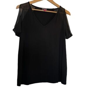VINCE CAMUTO Black Cold Shoulder  Sheer Sleeve V-neck T-shirt - Size Small